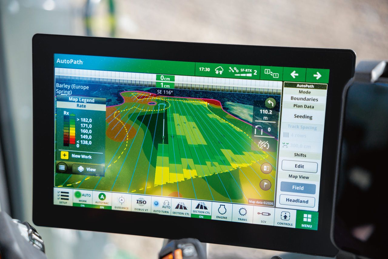 AutoPath technology shown on the G5 plus in the cab of a new John Deere 8R 410. Source: John Deere