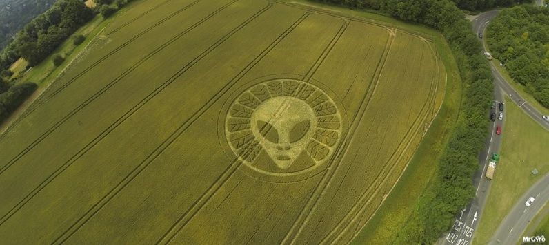 Crop circle of an alien appears in a field of wheat in the UK