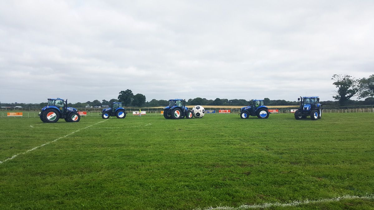 Marty Morrissey takes on the challenge of tractor football at the Ploughing