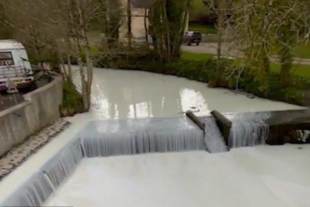 Welsh river turned white as milk tanker overturns and spills milk into the river